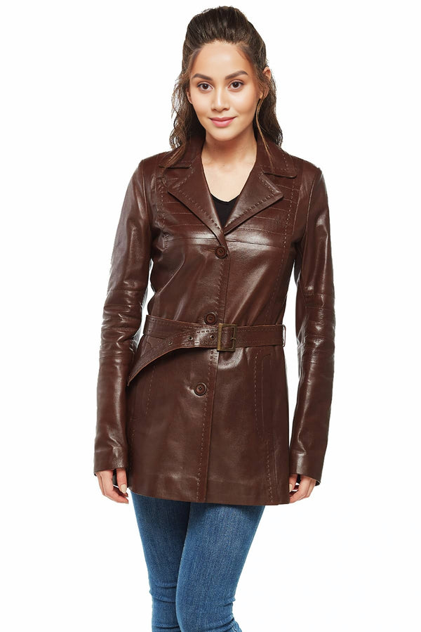 Athena Women Brown Leather Coat