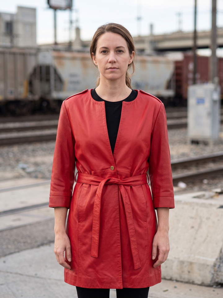 Lauren Red Center Belt Women Leather Coat