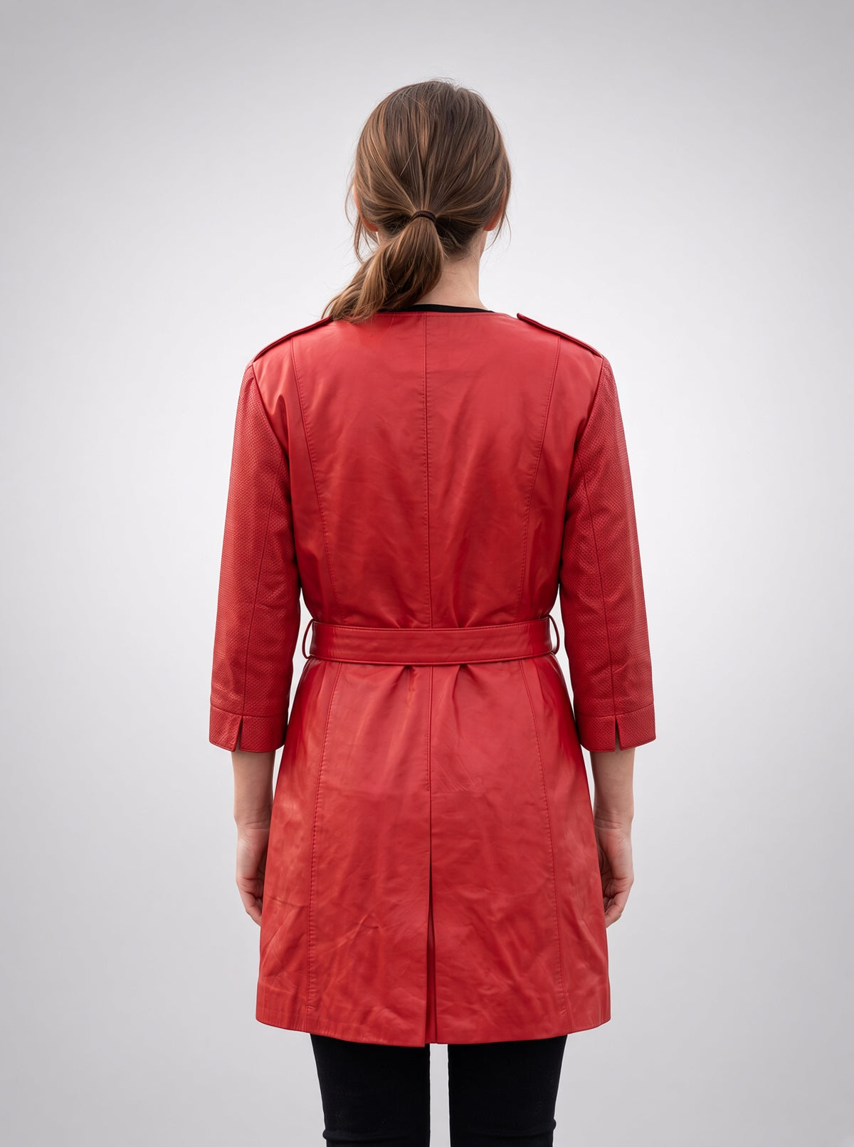 Lauren Red Center Belt Women Leather Coat