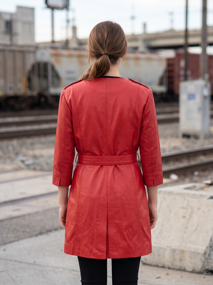 Lauren Red Center Belt Women Leather Coat