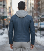 Leonard Blue Leather Jacket With Hood For Men