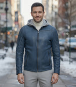 Leonard Blue Leather Jacket With Hood For Men
