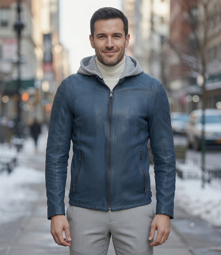Leonard Blue Leather Jacket With Hood For Men