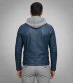 Leonard Blue Leather Jacket With Hood For Men