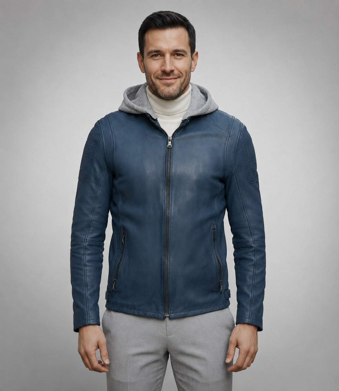 Leonard Blue Leather Jacket With Hood For Men