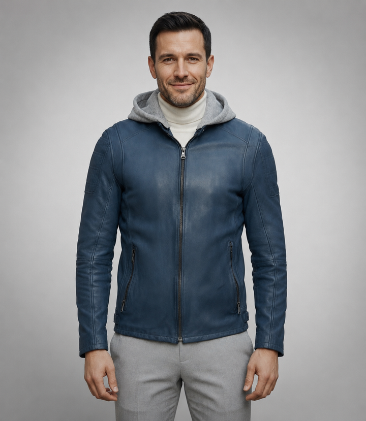 Leonard Blue Leather Jacket With Hood For Men