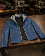 Leonard Blue Leather Jacket With Hood For Men