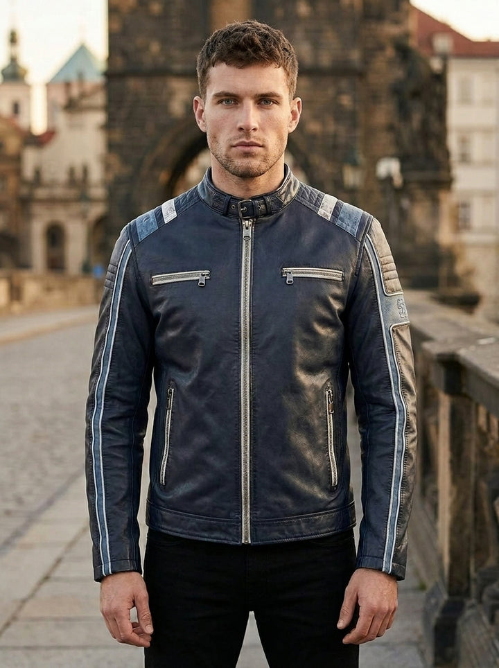 Lewis Navy Blue Leather Jacket For Men