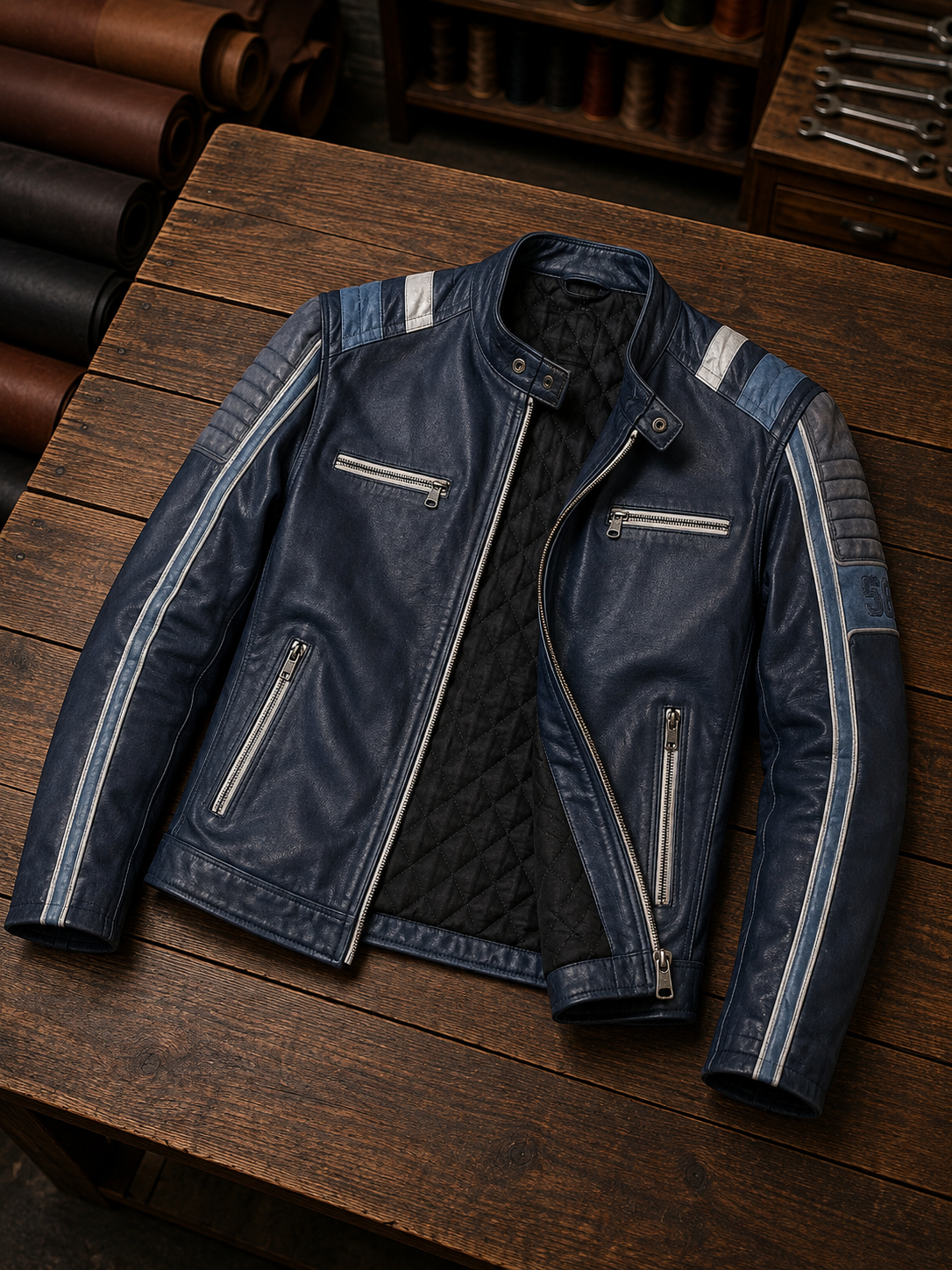 Lewis Navy Blue Leather Jacket For Men