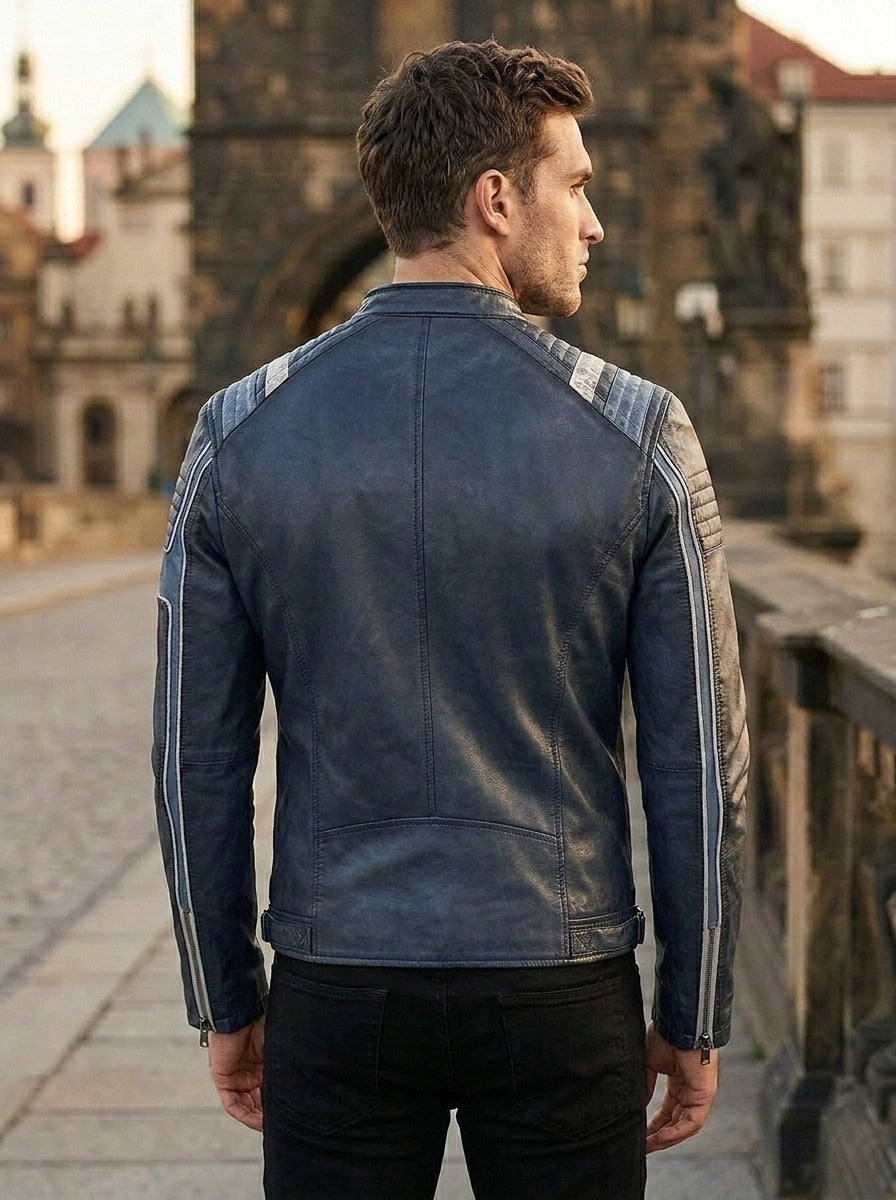 Lewis Navy Blue Leather Jacket For Men