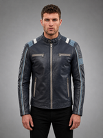 Lewis Navy Blue Leather Jacket For Men