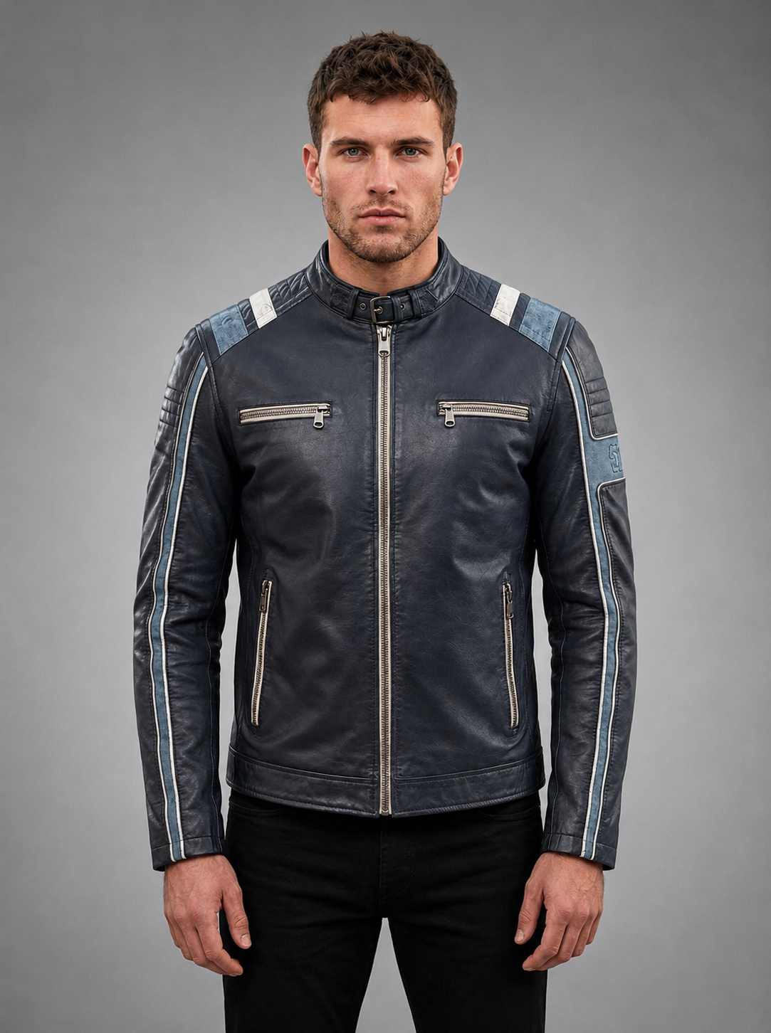 Lewis Navy Blue Leather Jacket For Men