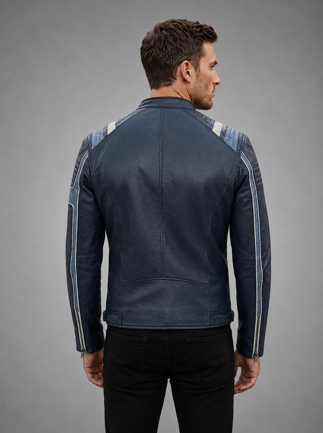Lewis Navy Blue Leather Jacket For Men