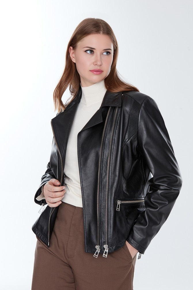 WOMEN MOTOR BIKE BLACK LEATHER JACKET