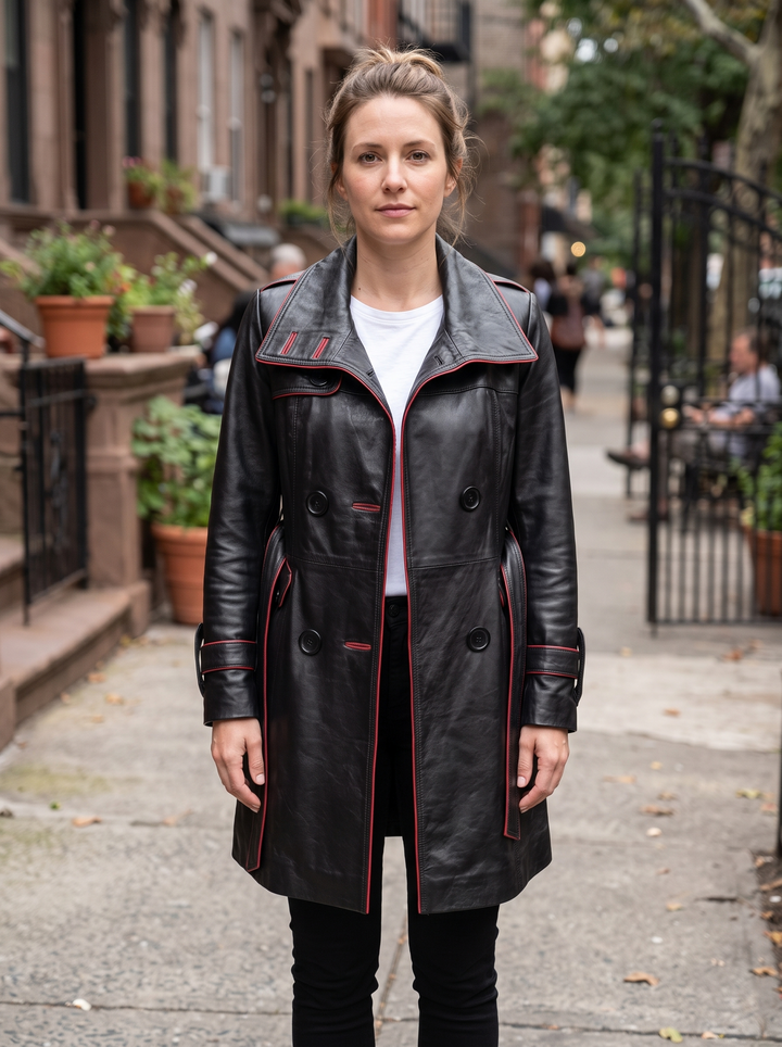 Liliana Black Stylish Red LIning Leather Coat For Women