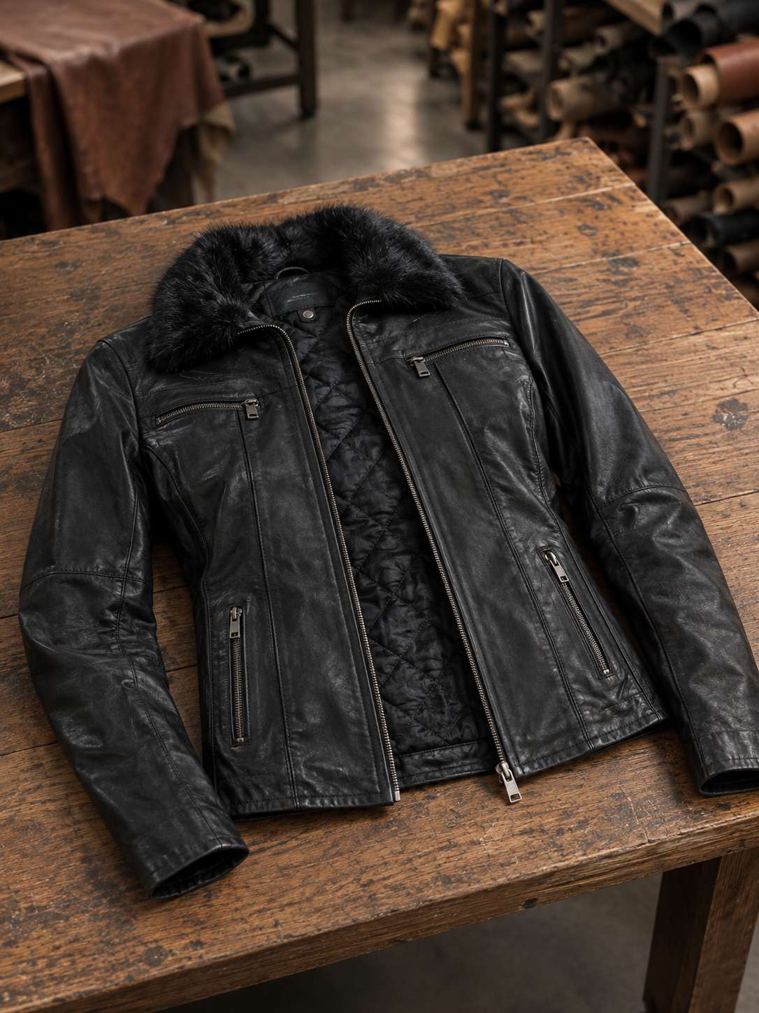 Linda Black Leather Jacket With Fur Collar  For Women