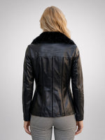 Linda Black Leather Jacket With Fur Collar  For Women