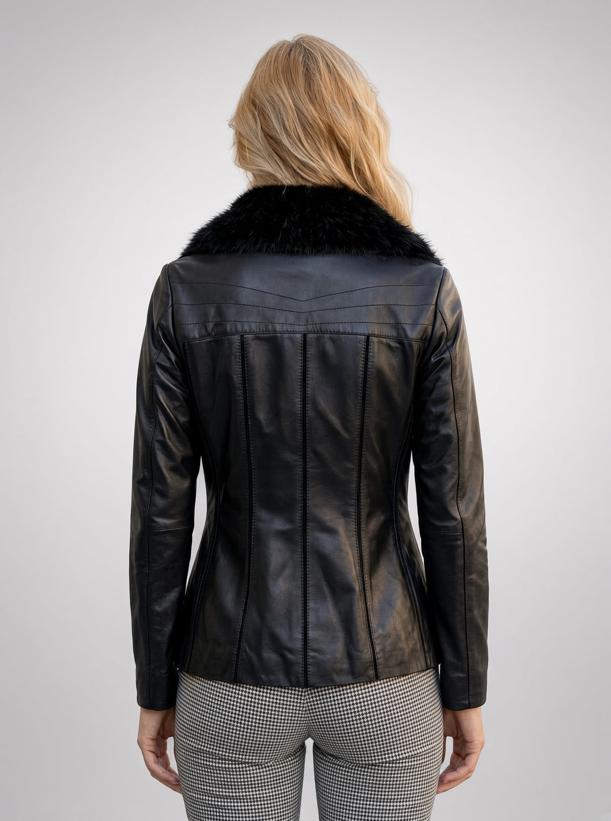 Linda Black Leather Jacket With Fur Collar  For Women