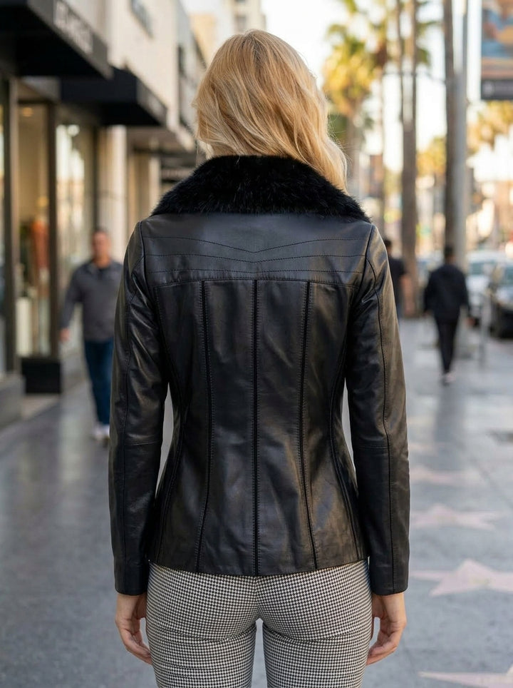 Linda Black Leather Jacket With Fur Collar  For Women