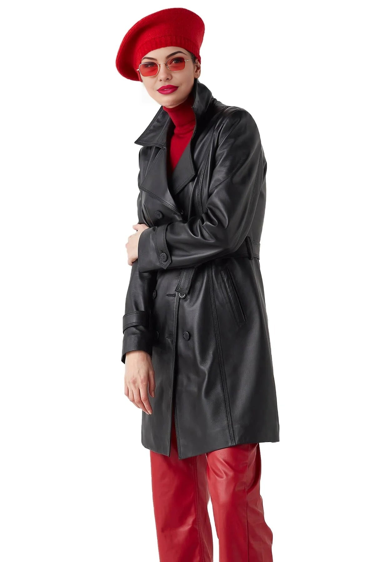 Maeve Black Center Belt Leather Coat For Women