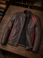 Louis Dark Brown Leather Jacket With Red Stripe For Men