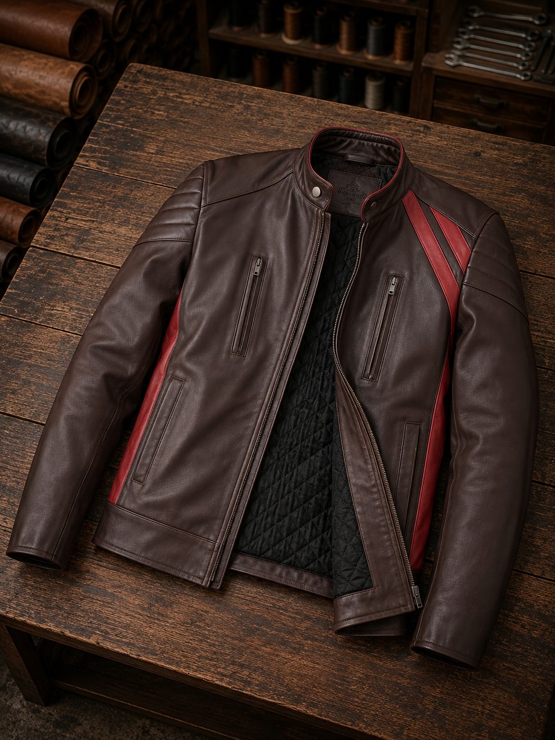 Louis Dark Brown Leather Jacket With Red Stripe For Men