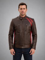 Louis Dark Brown Leather Jacket With Red Stripe For Men