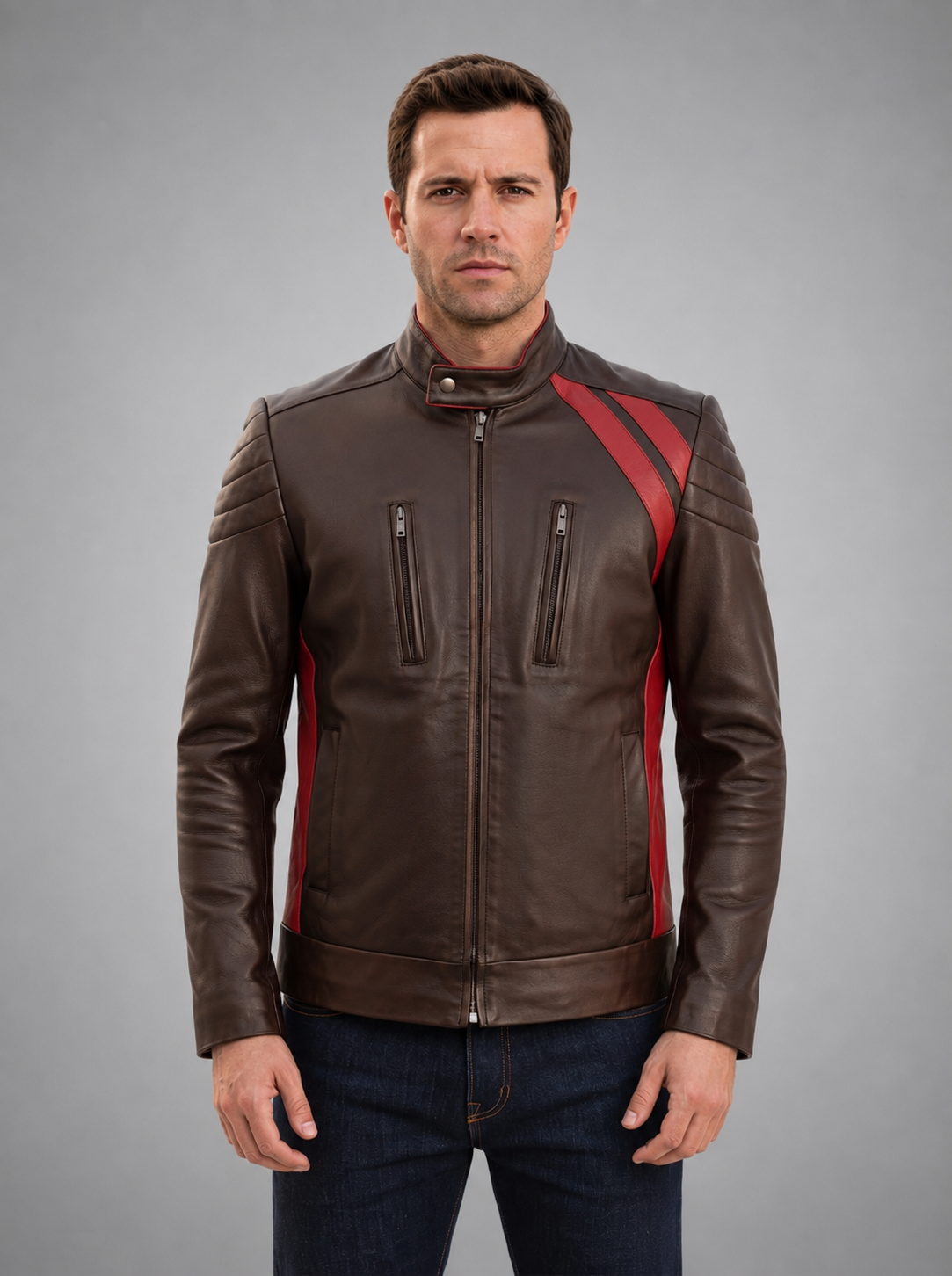 Louis Dark Brown Leather Jacket With Red Stripe For Men