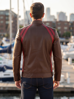 Louis Dark Brown Leather Jacket With Red Stripe For Men