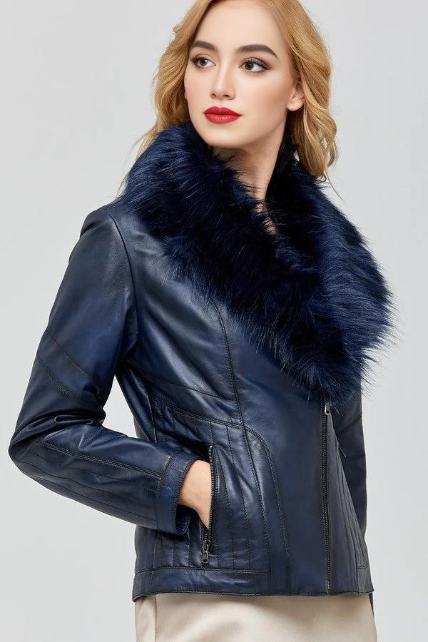 Isabella Dark Blue Leather Jacket With Fur Collar For Women