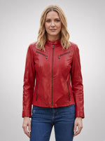 Lucky Red Motor bike Leather Jacket For Women