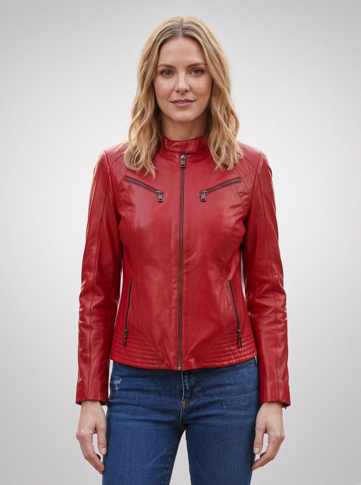 Lucky Red Motor bike Leather Jacket For Women