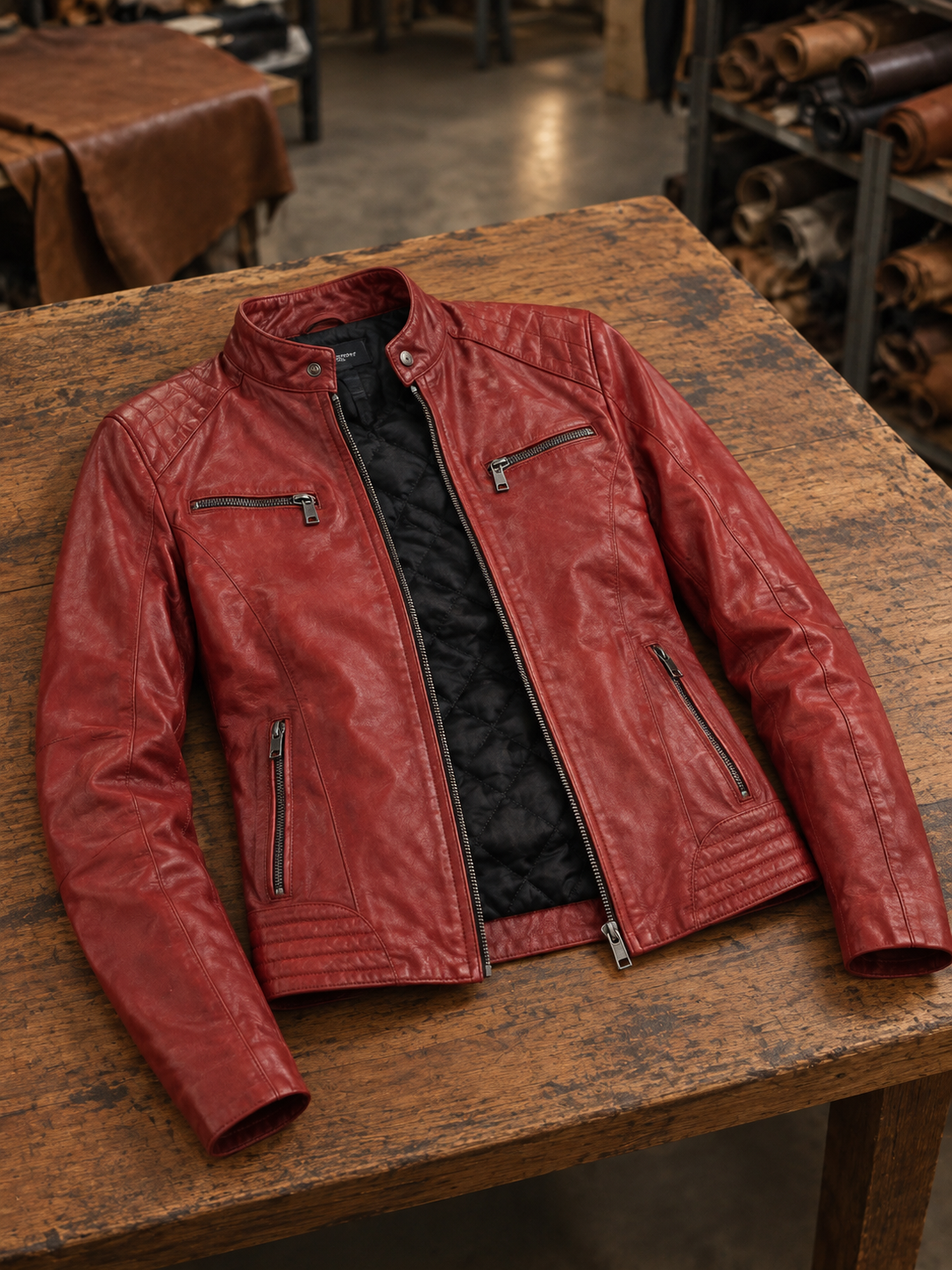 Lucky Red Motor bike Leather Jacket For Women