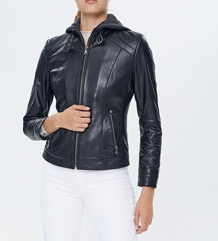 Luna Black Hooded Leather Jacket For Women