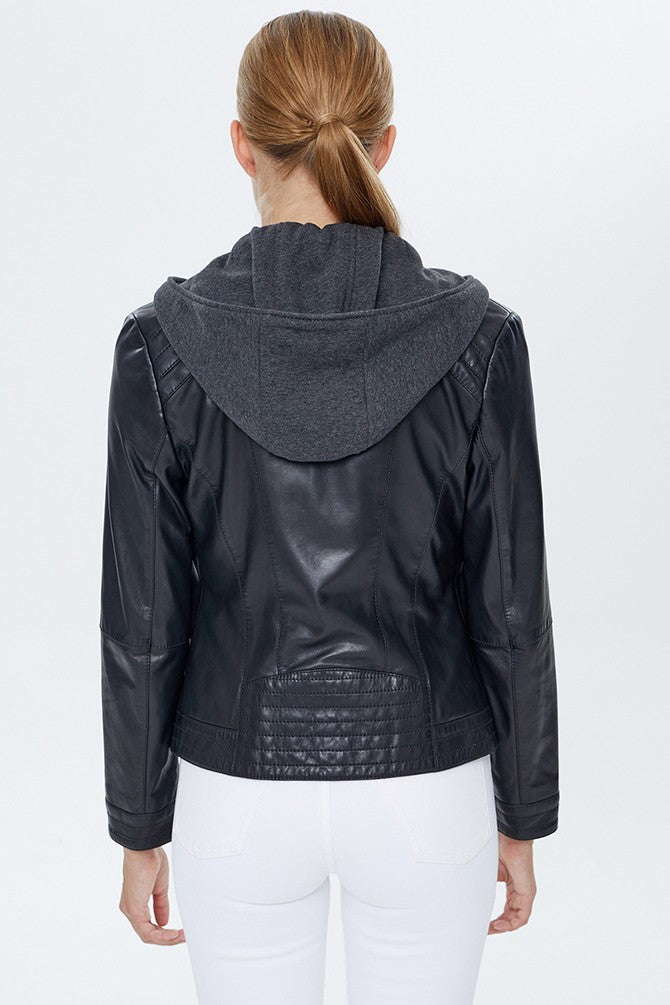 Luna Black Hooded Leather Jacket For Women