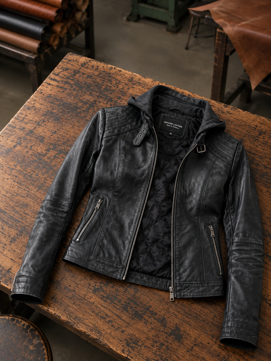 Luna Black Hooded Leather Jacket For Women