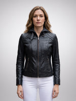 Luna Black Hooded Leather Jacket For Women