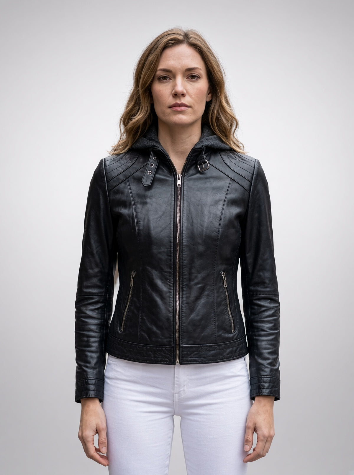 Luna Black Hooded Leather Jacket For Women