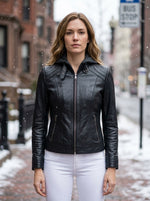 Luna Black Hooded Leather Jacket For Women