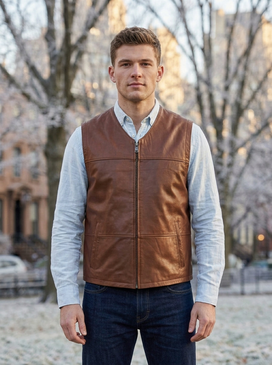 Luxury Brown Leather Vest For Men