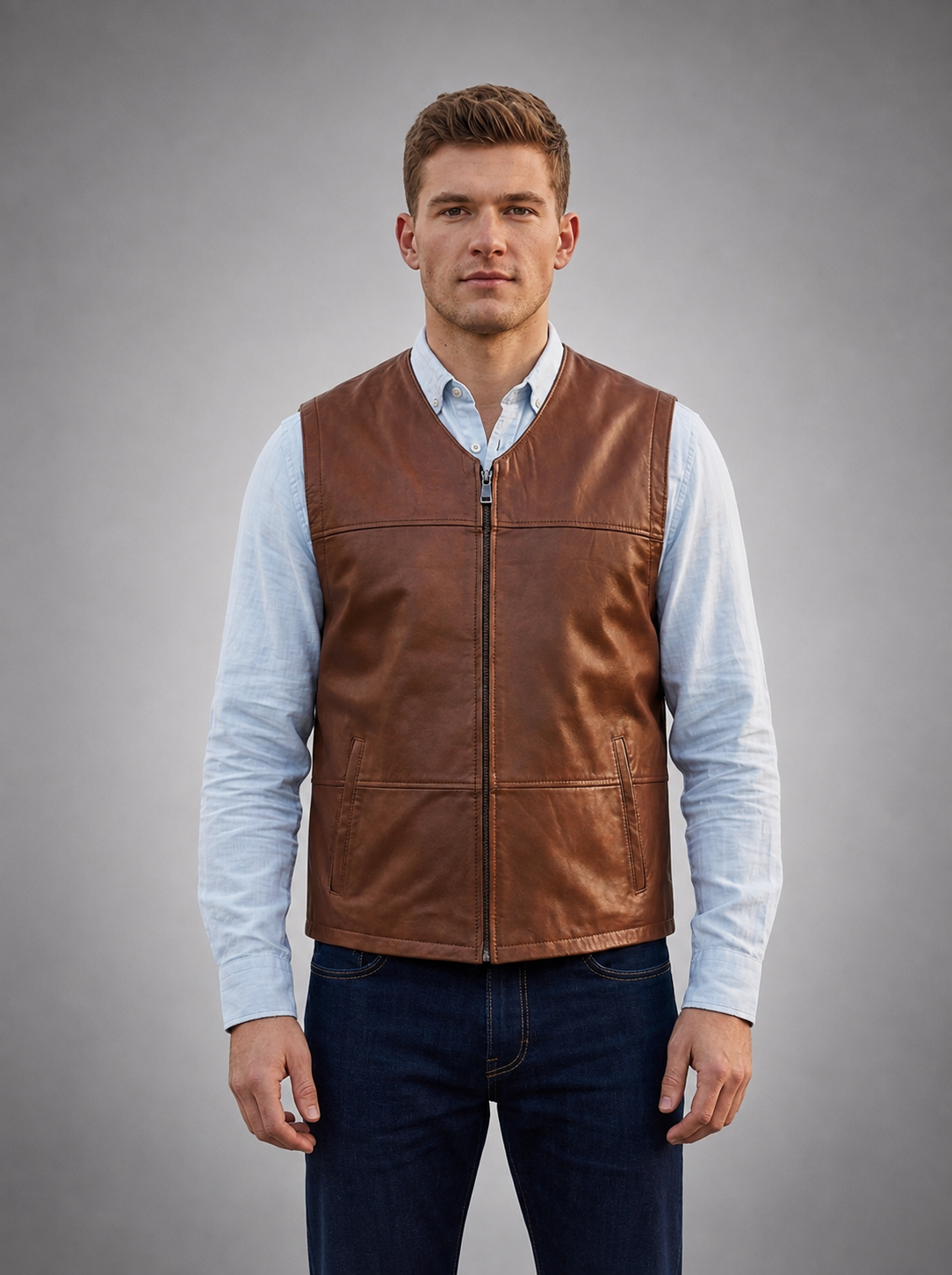Luxury Brown Leather Vest For Men