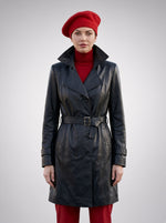 Maeve Black Center Belt Leather Coat For Women