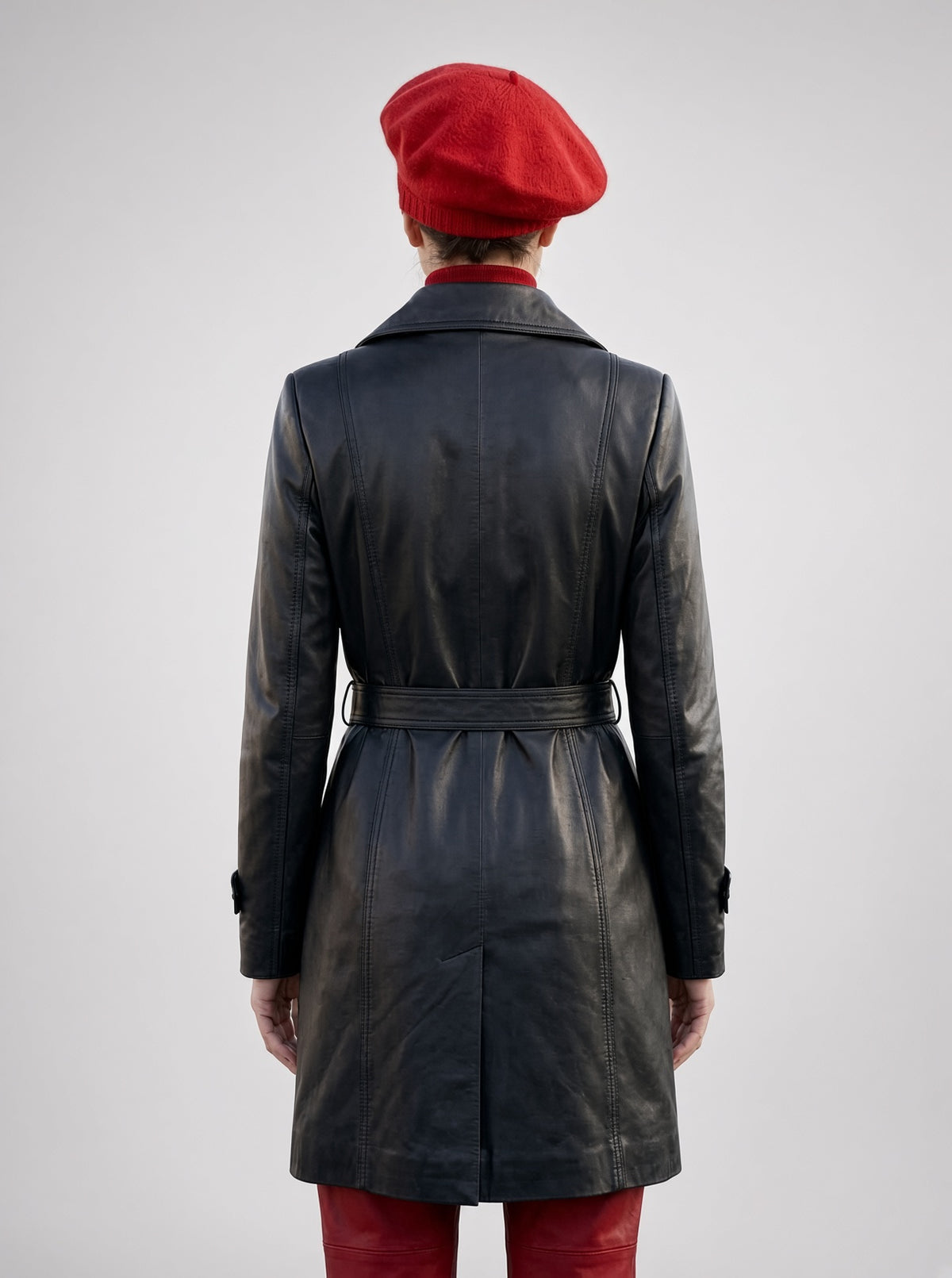 Maeve Black Center Belt Leather Coat For Women