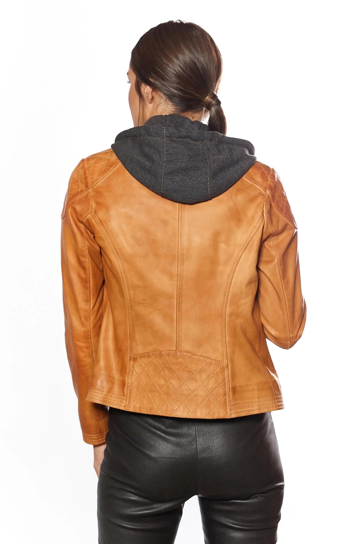 Katrina With Stylish Look Women Orange Leather Jacket With Hood