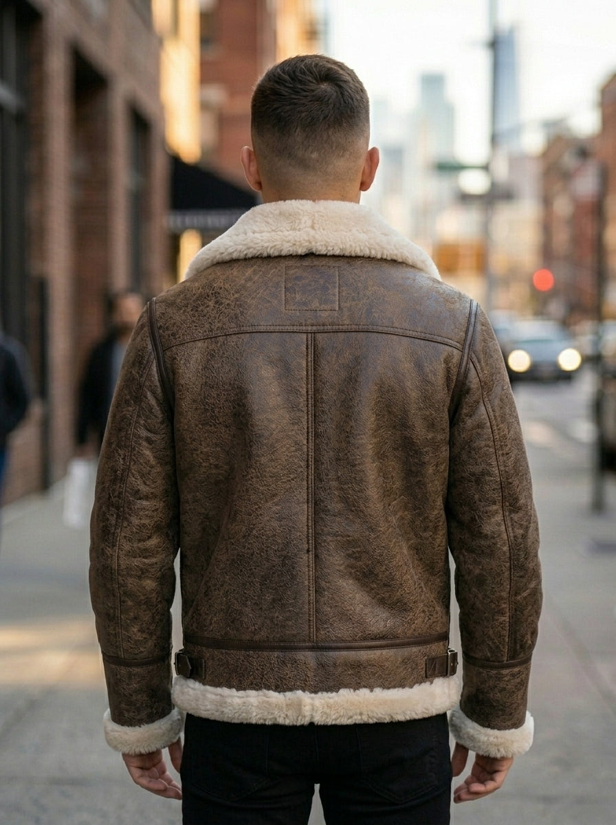 Marcus Brown Fur Shearling Leather Jacket For Men With Fur Hood