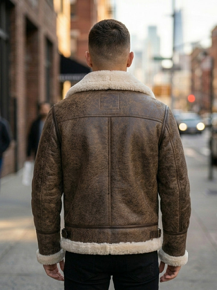 Marcus Brown Fur Shearling Leather Jacket For Men With Fur Hood