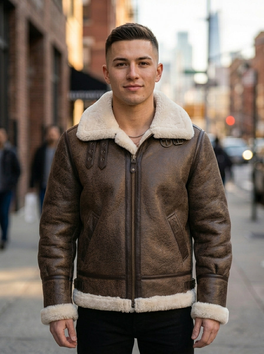 Marcus Brown Fur Shearling Leather Jacket For Men With Fur Hood