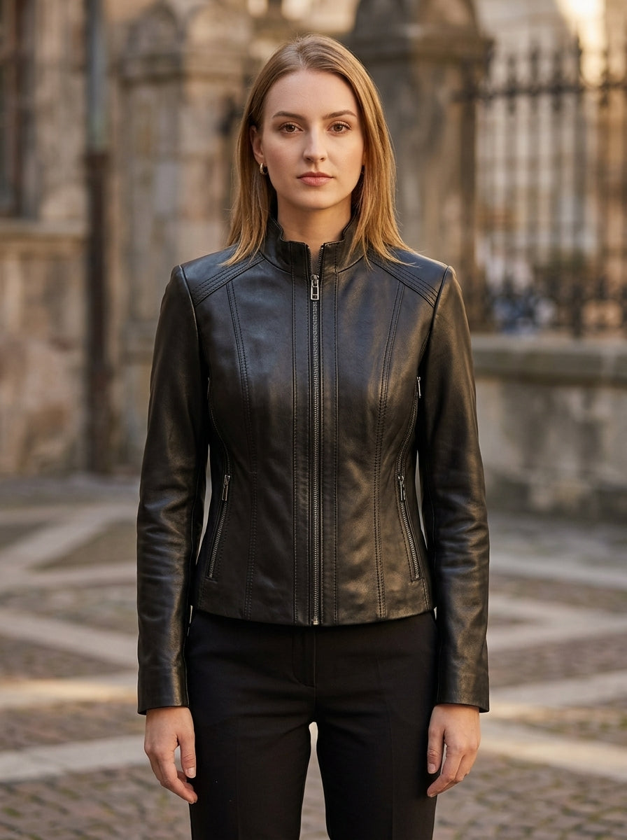 Margaret Black Biker Leather Jacket For Women