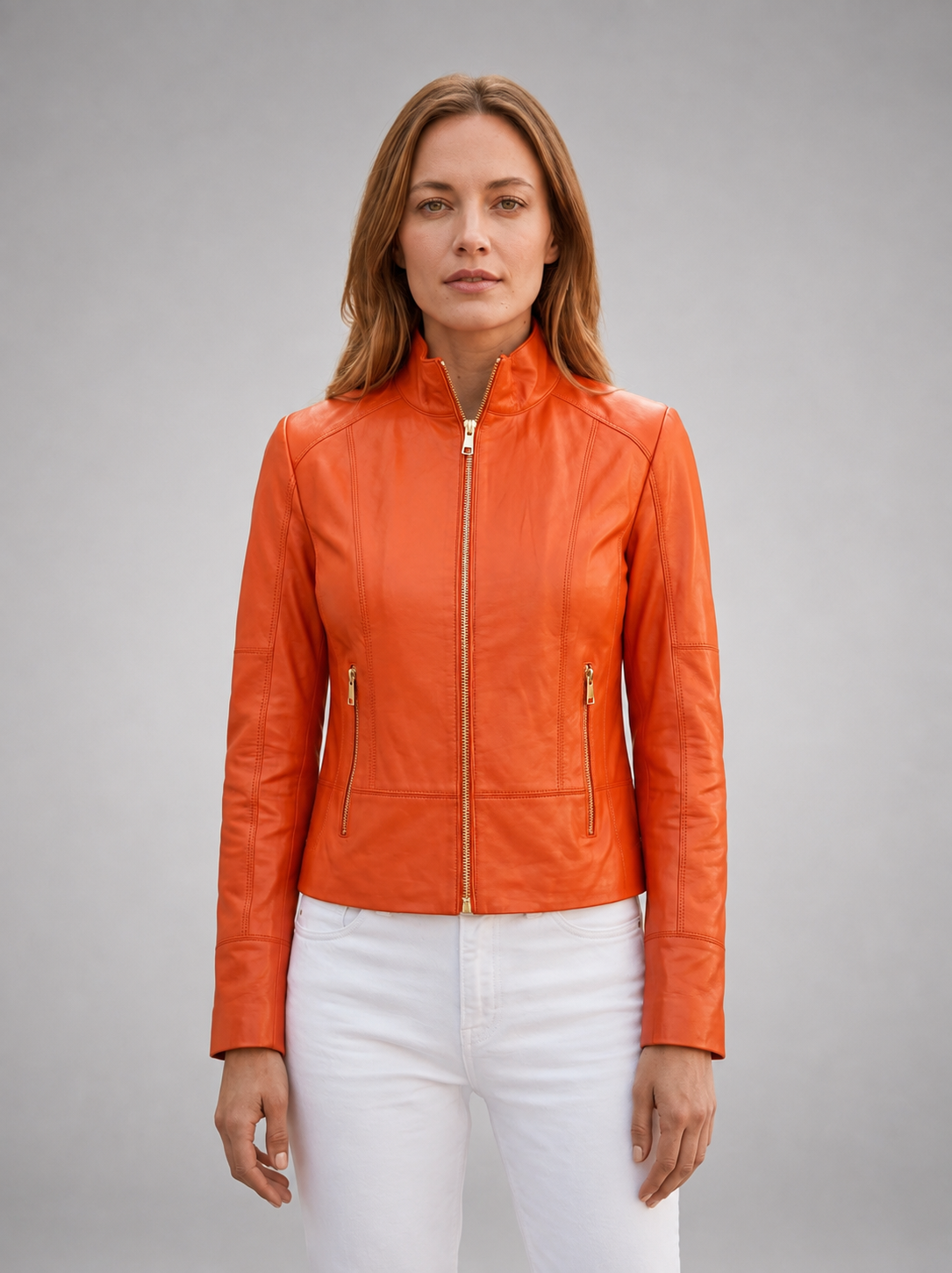 Mariahkay Orange Leather Jacket For Women