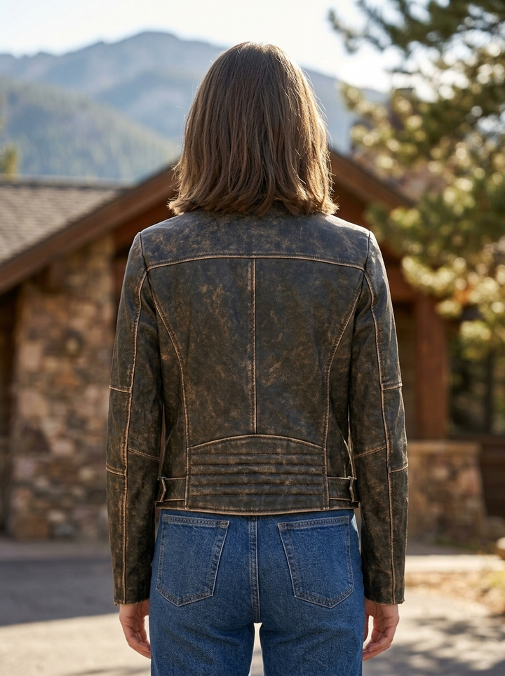Martha Distressed Brown Biker Leather Jacket for Women
